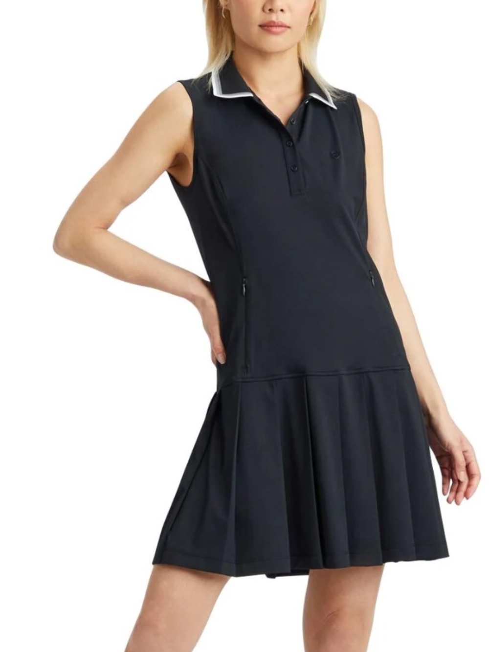 G/FORE Sz XS Black Rib Collar Pique Sleeveless Pleated Golf Dress
